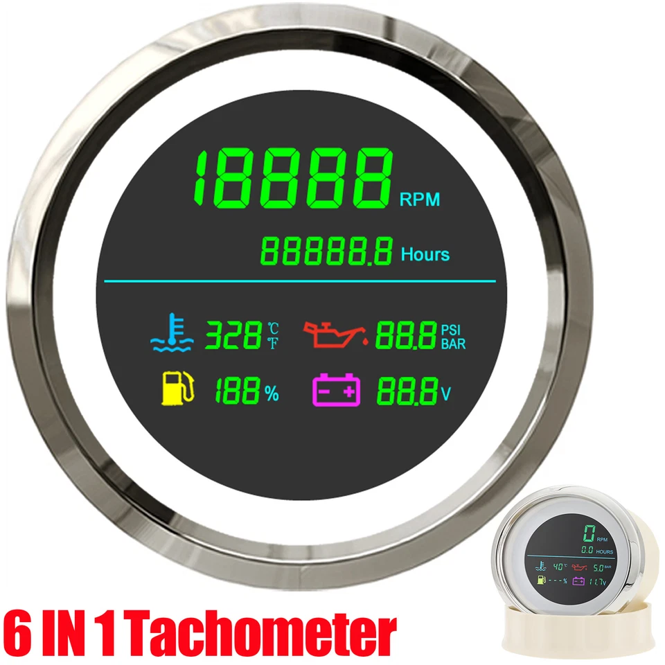 85mm Boat 6 in 1 Tachometer with Fuel Level Water Temp Oil Pressure Voltmeter - Image 1 of 4