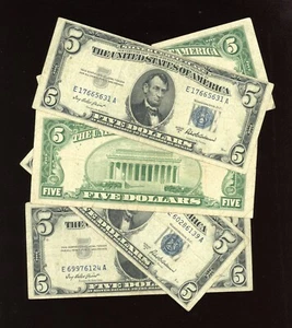 $5 Blue Seal Silver Certificate Series 1953 Old US Currency, Well Circulated - Picture 1 of 1