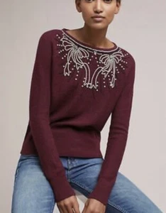 Anthropologie Field Flower Pearl Bow Sweater Damen Gr. S Rot Pullover Rippborte - Bild 1 von 11