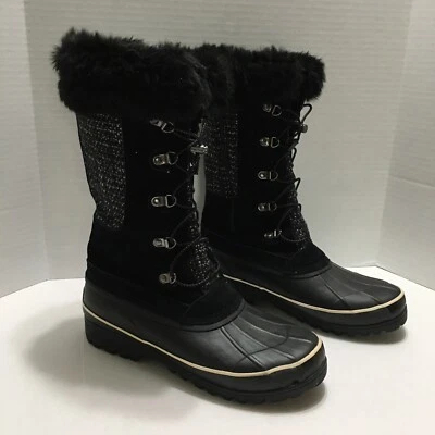 Lands End Black Suede Snow Boots Side Zip 11B Women's  487610 Fur Trim - Image 1 of 4