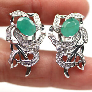 Unheated 6 X 8 MM. Green Emerald & Simulated Cz 925 Sterling Silver Earrings