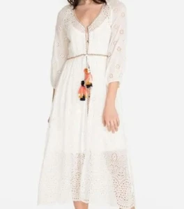 JOHNNY WAS JADE SHELBY WEISSES ÖSENKLEID KNOPFLEISTE QUASTEN XL 425 $ NEU MIT ETIKETT - Bild 1 von 15