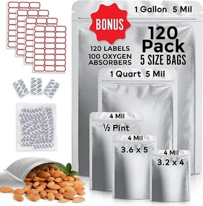 120 PC Stand Up Mylar Bags for Long Term Food Storage Prep with Oxygen Absorbers - Picture 1 of 6
