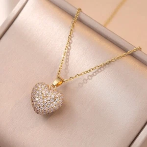 Gold Titanium Love Heart Ball Pave Cubic Zirconia Pendant Chain Necklace - Picture 1 of 1