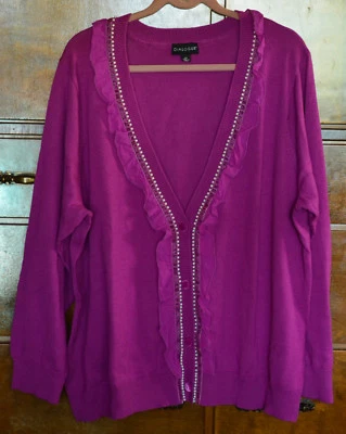 Dialogue Plus 3X Purple Pink Sweater Cardigan Silk Ruffle Pearl Velvet Trim - Image 1 of 4
