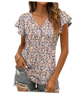 Women's Summer Tops Ruffle Sleeve V Neck Tunic Shirts Large Multicolor-d - Picture 1 of 6