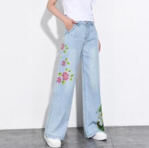 New Women's Embroidery Demin Pants Chinese style Cotton Wide Leg Jeans Trousers
