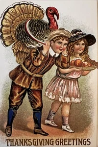 Vintage Inspired Thanksgiving Greetings Postcard Boy Girl Turkey Ephemera #4139 - Picture 1 of 1
