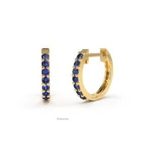 Real Blue Sapphire 14k Yellow Gold Hoops Earrings Wedding Gift Fine Jewelry - Picture 1 of 3