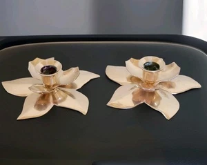 Vintage Pair Brass Coated Lotus Flower Candle Stick Holders Made In India - Picture 1 of 4