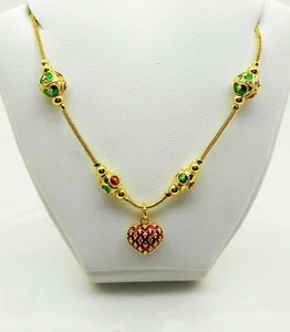 Heart Bead Necklace Enamel Sukhothai Style Thai Baht Yellow Gold Plated 18 inch - Picture 1 of 3