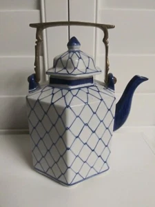 Vintage Cobalt Blue & White Porcelain Teapot Brass Handle - Picture 1 of 11