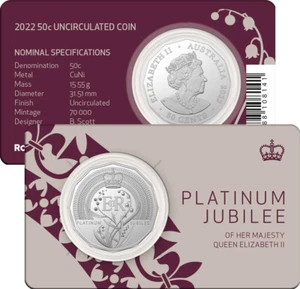 👑2022 QUEEN ELIZABETH II PLATINUM JUBILEE UNC CARDED 50c COIN IN STOCK👑 - Bild 1 von 3