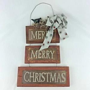 Rustic Farmhouse Wooden Painted Merry Merry Christmas Signs with Cardinals & Bow - Picture 1 of 15