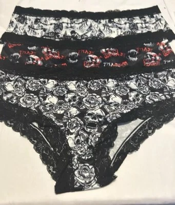 Morvia 3pk cheeky goth Emo panties L Size skull Skeleton Lingerie Lace - Image 1 of 4