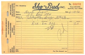 1970's Vintage HANK SNOW Receipt from SHO-BUD GUITAR Nashville / GRAND OLE OPRY - Picture 1 of 1
