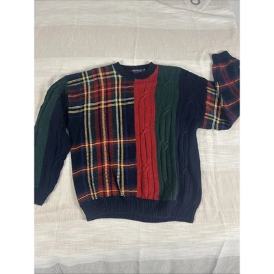 Suéter de malha xadrez masculino vintage Nautica anos 90 tamanho XL malha de cabo bloco de cores vintage - Imagem 1 de 4