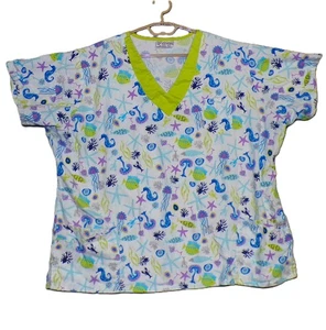 UA Scrubs Top Seahorse Starfish Ocean Print V-Neck Medical Uniform - Picture 1 of 6