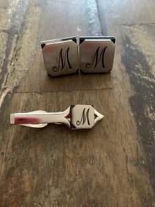 Monogrammed Cufflinks and Tie Clip Set with Engraved Initial M - Picture 1 of 5