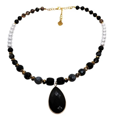 Color block necklace pearls agate faceted glass crystals black pendant gold tone - Image 1 of 3