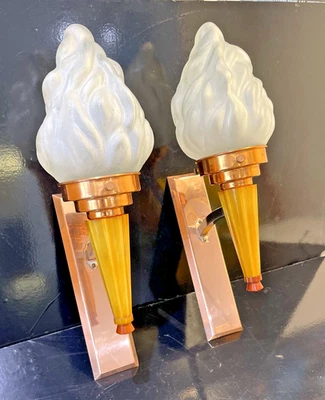 Superb Art Deco  Catalin / Bakelite / Phenolic Wall Lights & Flame  Glass Shades - Image 1 of 4