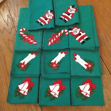 Lot of 11 Green Christmas Napkins Santa Claus Candy Cane Bell Candlesticks