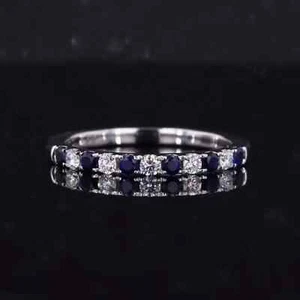 0.60 Ct Round Natural Sapphire & Diamond Engagement Ring 14K Solid White Gold 7 - Picture 1 of 7