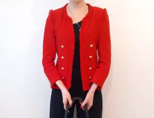 A569 ZARA RED TWEED FANTASY FABRIC BLAZER JACKET GOLD BUTTONS COAT MEDIUM - M - Picture 1 of 13