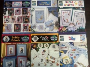 LOT/6 CROSS STITCH PATTERN LEAFLETS BABY BIBS/ NURSERY ITEMS & MORE - Picture 1 of 3