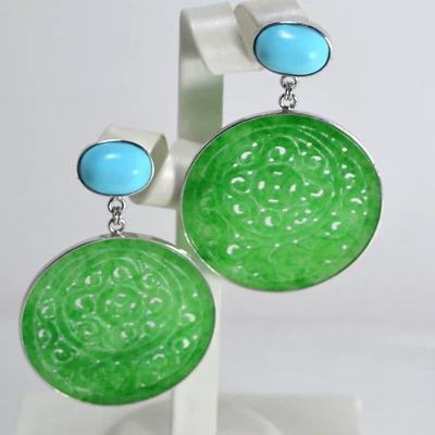 ORECCHINI ARGENTO 925  P.TURCHESE GIAEDITE VERDE 45 mm            AGHT 0943 - Immagine 1 di 3