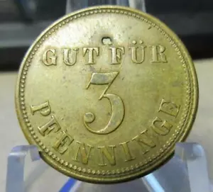 1865 VECCHIO GETTONE TEDESCO MONETA DA 3 PFENNIG GERMANIA OSTELLO OSTELLO CASA - Foto 1 di 3