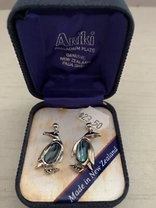 ARIKI Neuseeland Paua Muschel Pinguin Palladium Plated Ohrringe New Old Stock - Bild 1 von 4