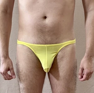 Men's Sexy Yellow Size M Thin Sheer Unlined Bikini Swim Brief Swimsuit - Picture 1 of 17