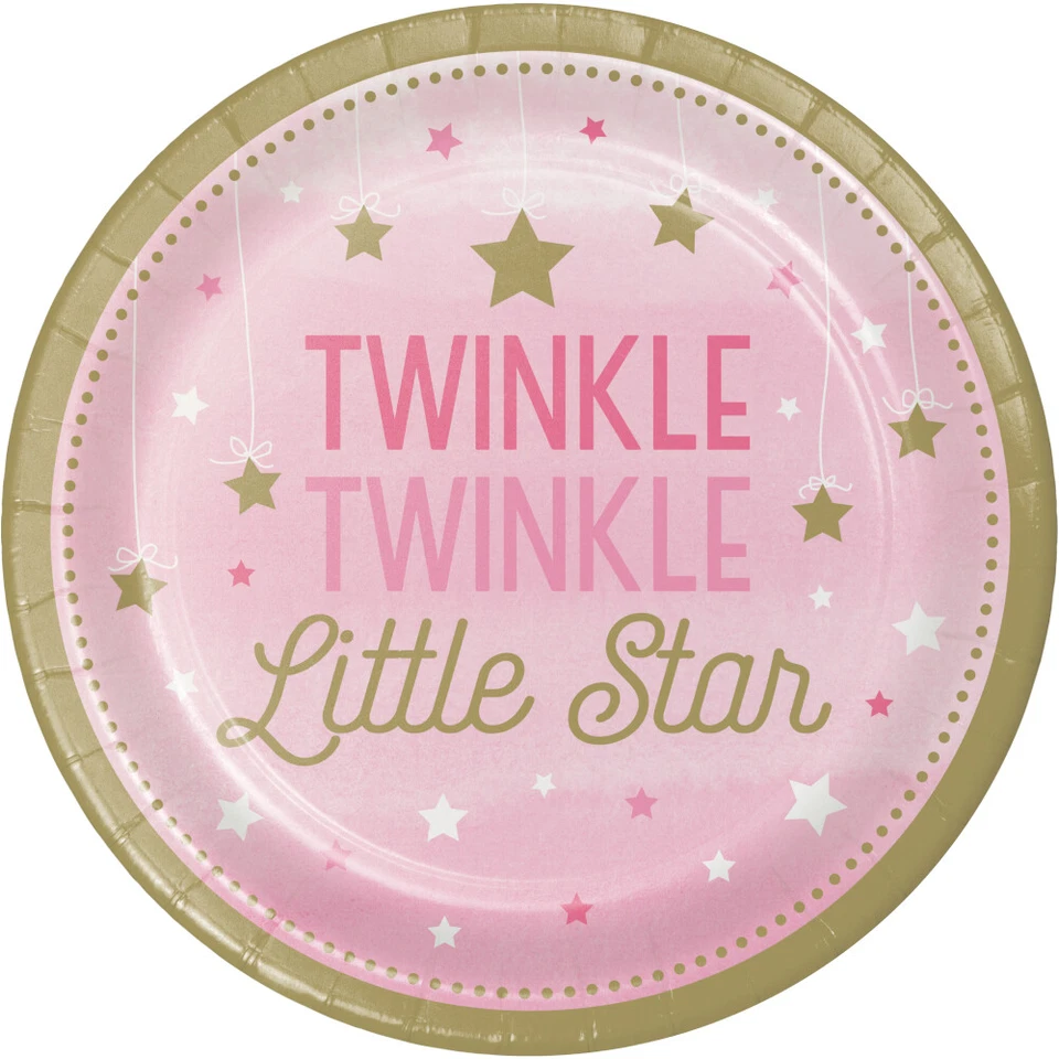 Twinkle Twinkle Little Star Dinner Plates 8 Pkt Girl Pink 1st Birthday  - Image 1 of 1