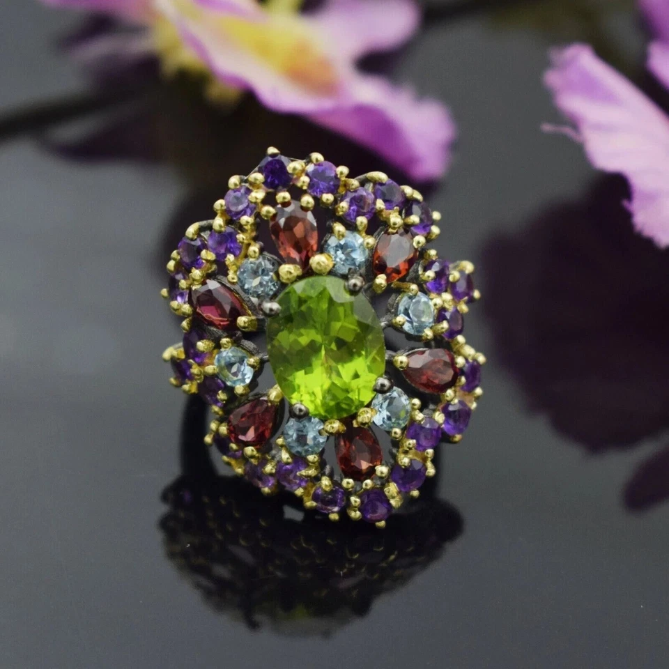Natural Peridot 925 Sterling Silver Multi Gemstone Cluster Ring Wedding Jewelry - Image 1 of 4