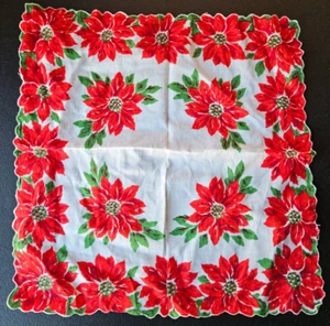 RED POINSETTIA SCALLOPED EMBROIDERED EDGE HANDKERCHIEF. 12 INCH - Picture 1 of 7