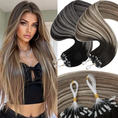 Extensiones de cabello humano Remy real con micro anillo 200S cuentas Balayage Ombre grueso Foto 1 de 4