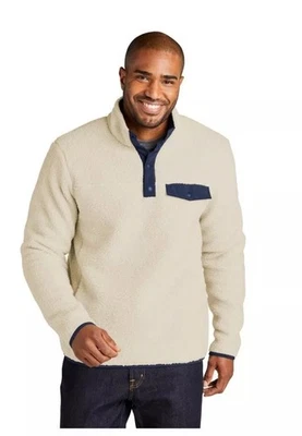 全新无标签 Port Authority F140 男式 Camp Fleece Snap 套衫燕麦/海军蓝 XL 码 — 第 1/4 张图片