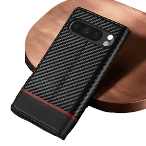 Funda tipo billetera de cuero PU con textura de fibra de carbono a prueba de golpes para Google 9 Pro XL/9A/8/7 - Imagen 1 de 12
