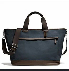 COACH Camden Blue Canvas Weekend Tote Duffle Bag Brown Leather Trim - Picture 1 of 16