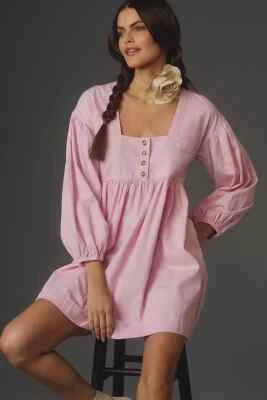 NUEVO Por Anthropologie Mini Vestido Babydoll Denim Manga Larga Cuello Cuadrado M Rosa Foto 1 de 4