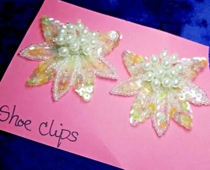 Vintage Set Faux Pearl and Sequin, Flower Shoe Clips 2" W x 1 3/4" T - Picture 1 of 8