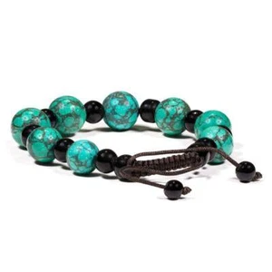 Armband Türkis & Schwarzer Achat - Perlenarmband Edelstein Esoterik Tibetisch - Picture 1 of 2