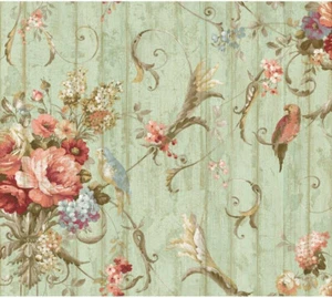 York HA1326 Vintage Victorian Floral Bouquets Bird Rose Blue Parrot Wallpaper - Picture 1 of 6