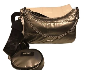 DKNY Metallic Gray  Cairo MD Pouchette Quilted Crossbody Bag - Picture 1 of 8