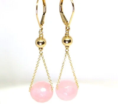Pendientes colgantes de oro amarillo macizo de 14K con piedras facetadas naturales de cuarzo rosa Foto 1 de 4