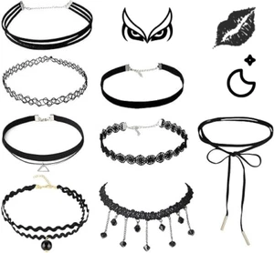 COLLANA VELLUTO NERO ✅ SET 8 PEZZI GOTICO STRETCH TATOO CHOKER ELASTICO RAGAZZE - Foto 1 di 8