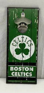 NBA BOSTON CELTICS BOTTLE OPENER SIGN 5"X11" HARDBOARD W/ CAST METAL OPENER - Picture 1 of 4