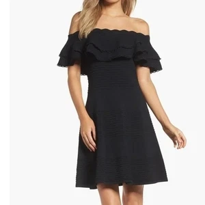 Eliza J Black black off the shoulder dress Womens Size L Ruffles A line Midi - Picture 1 of 12