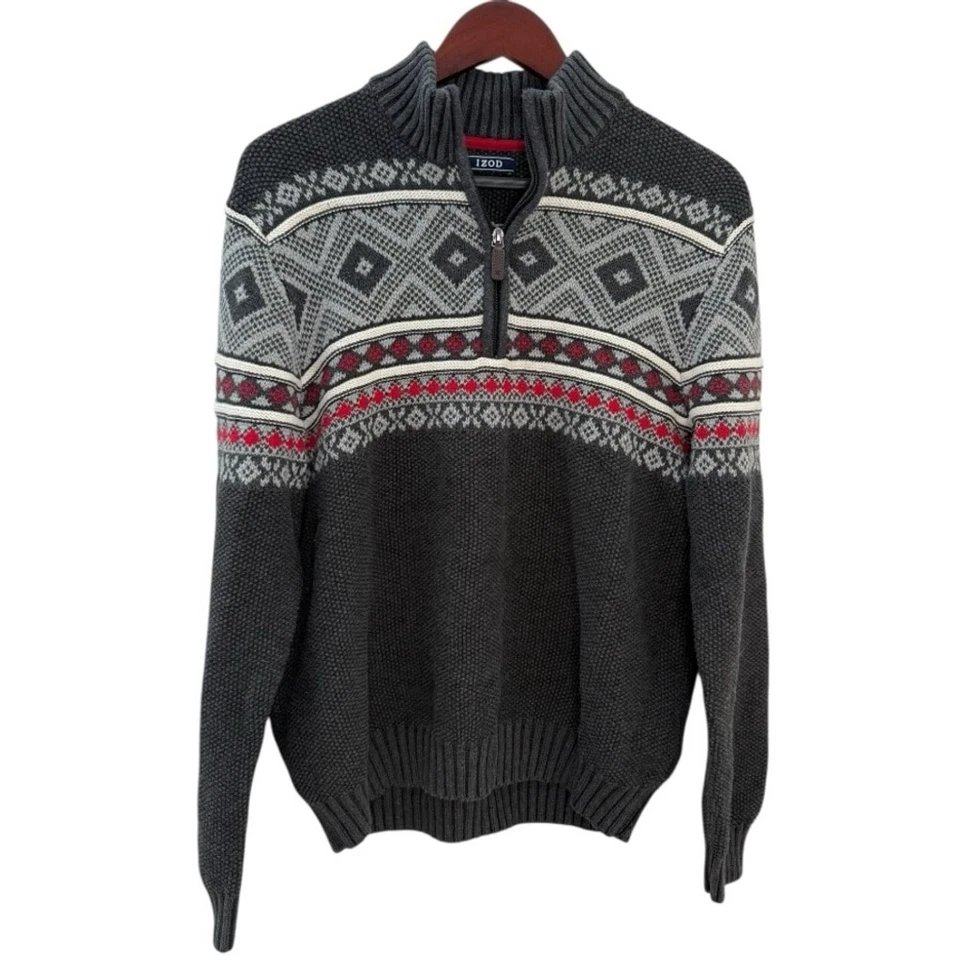 Suéter tejido IZOD para hombre L/G cuarto cremallera nórdico Fair Isle gris rojo mezcla de algodón Foto 1 de 4
